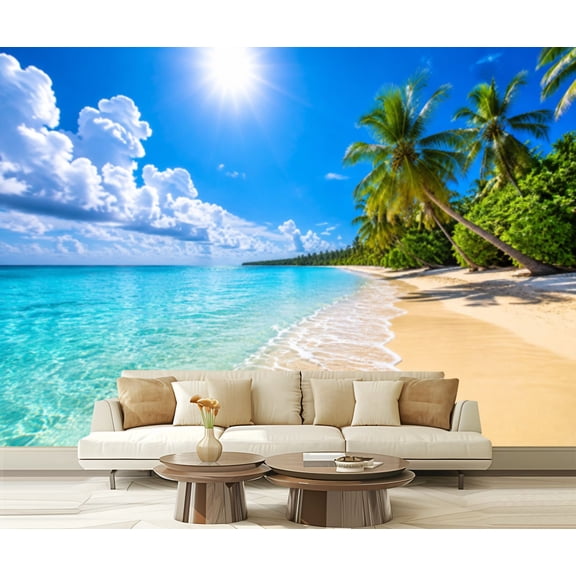 Wall Mural Peel and Stick Palm tree Beach Tropical Island Caribbean Self-Adhesive Wallpaper Removable Wall Decal Wall Sticker Home Decor for Living Room Bedroom 100"x144"