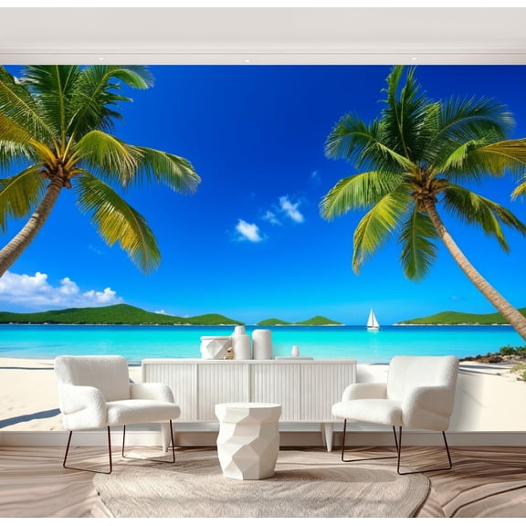 Wall Mural Peel and Stick Palm trees tropical beach Virgin Islands Self-Adhesive Wallpaper Removable Wall Decal Wall Sticker Home Decor for Living Room Bedroom 69"x96"