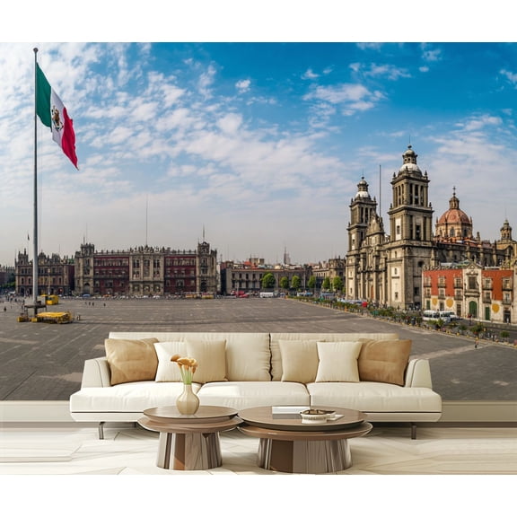 Wall Mural Peel and Stick Panoramic view Zocalo Cathedral Mexico City Mexico Self-Adhesive Wallpaper Removable Wall Decal Wall Sticker Home Decor for Living Room Bedroom 100"x144"