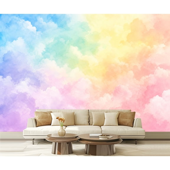 Wall Mural Peel and Stick Pastel Rainbow Clouds Watercolor Soft Gradient Self-Adhesive Wallpaper Removable Wall Decal Wall Sticker Home Decor for Living Room Bedroom 100"x144"