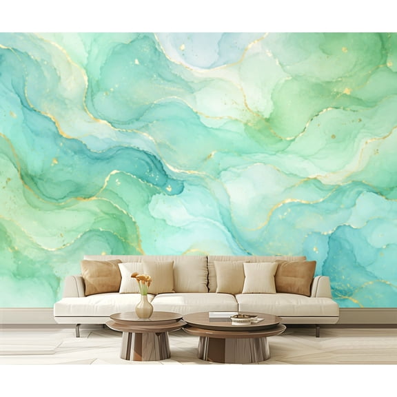 Wall Mural Peel and Stick Pastel cyan mint liquid marble watercolor gold lines brush stains Teal Self-Adhesive Wallpaper Removable Wall Decal Wall Sticker Home Decor for Living Room Bedroom 100"x144"