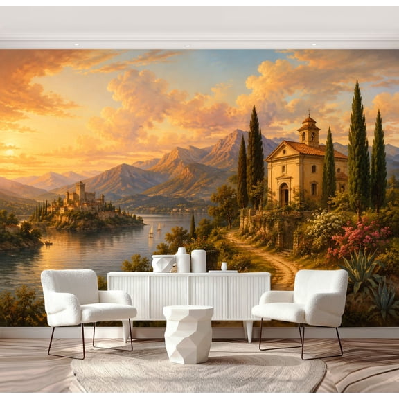 Wall Mural Peel and Stick Pastoral River Valley Landscape Classical Villa Rolling Hills Golden Self-Adhesive Wallpaper Removable Wall Decal Wall Sticker Home Decor for Living Room Bedroom 69"x96"