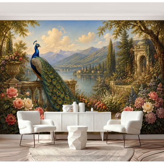 Wall Mural Peel and Stick Peacock Garden by Serene Lake Blooming Roses Classical Landscape Self-Adhesive Wallpaper Removable Wall Decal Wall Sticker Home Decor for Living Room Bedroom 69"x96"