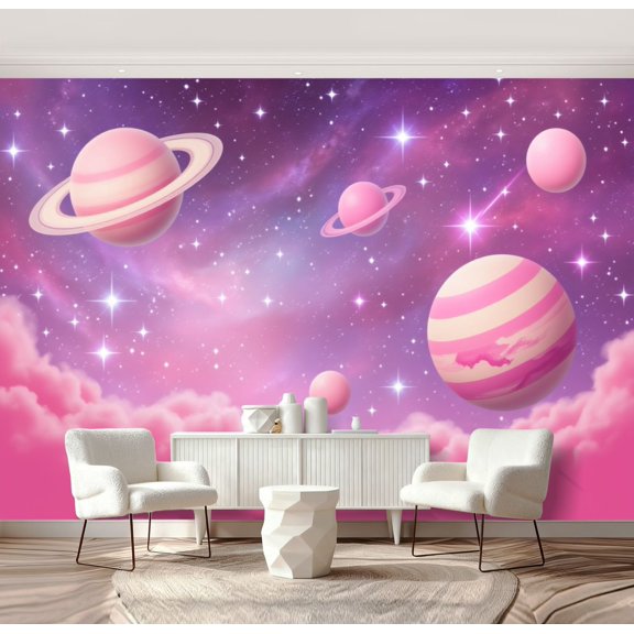 Wall Mural Peel and Stick Pink Cosmic Planets Stars Dreamy Galaxy Sky Self-Adhesive Wallpaper Removable Wall Decal Wall Sticker Home Decor for Living Room Bedroom 175x245