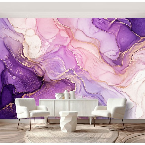 Wall Mural Peel and Stick Pink Purple Waves Gold Backdrop Marble Ink Arwork Alcohol Ink Texture Self-Adhesive Wallpaper Removable Wall Decal Wall Sticker Home Decor for Living Room Bedroom 69"x96"