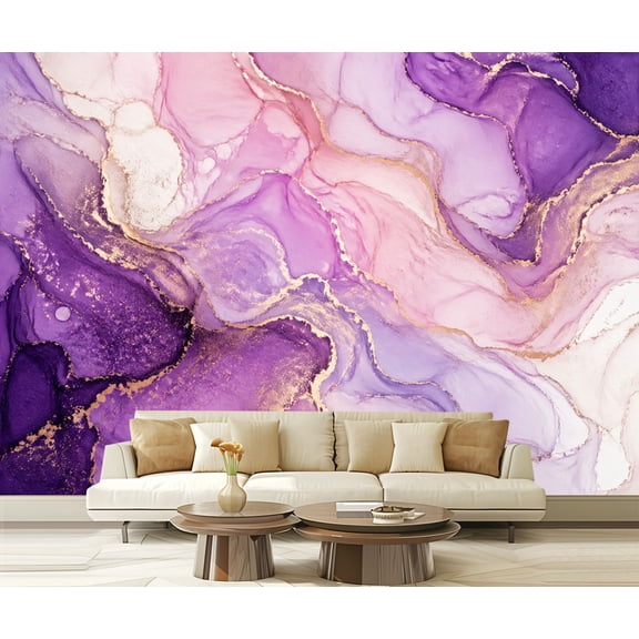 Wall Mural Peel and Stick Pink Purple Waves Gold Backdrop Marble Ink Arwork Alcohol Ink Texture Self-Adhesive Wallpaper Removable Wall Decal Wall Sticker Home Decor for Living Room Bedroom 100"x144"