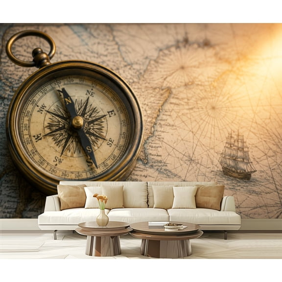Wall Mural Peel and Stick Pirate nautical theme grunge Old sea compass abstract map Retro style Self-Adhesive Wallpaper Removable Wall Decal Wall Sticker Home Decor for Living Room Bedroom 100"x144"