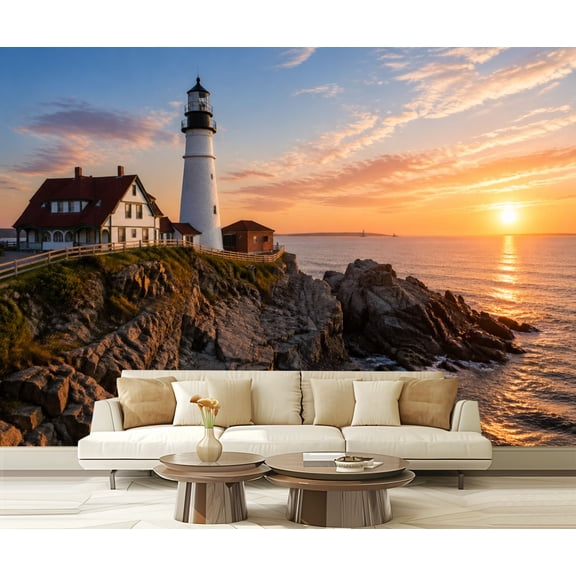 Wall Mural Peel and Stick Portland Head Lighthouse Maine sunrise Self-Adhesive Wallpaper Removable Wall Decal Wall Sticker Home Decor for Living Room Bedroom 100"x144"