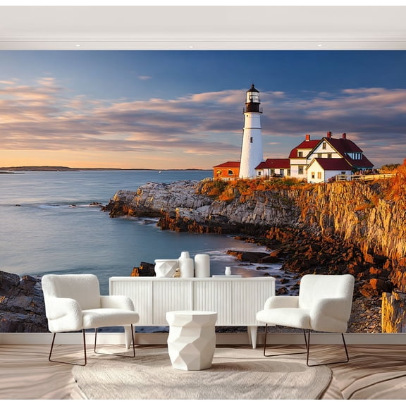 Wall Mural Peel and Stick Portland Head Lighthouse Maine sunrise Self-Adhesive Wallpaper Removable Wall Decal Wall Sticker Home Decor for Living Room Bedroom 69"x96"