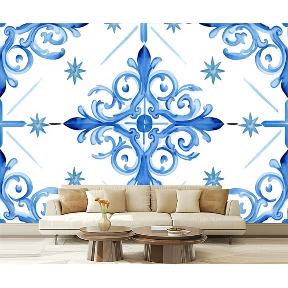 Wall Mural Peel and Stick Portuguese azulejo tile Blue white gorgeous seamless Hand painted Self-Adhesive Wallpaper Removable Wall Decal Wall Sticker Home Decor for Living Room Bedroom 100"x144"