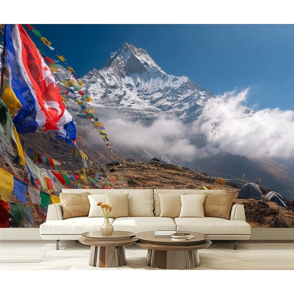 Wall Mural Peel and Stick Prayer flags Mt Annapurna I photo Self-Adhesive Wallpaper Removable Wall Decal Wall Sticker Home Decor for Living Room Bedroom 100"x144"