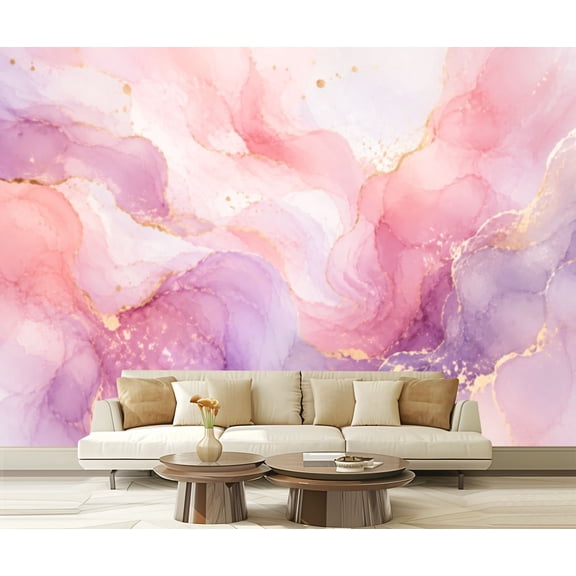 Wall Mural Peel and Stick Purple rose lavender liquid marble gold stripes glitter dust Pastel Self-Adhesive Wallpaper Removable Wall Decal Wall Sticker Home Decor for Living Room Bedroom 100"x144"