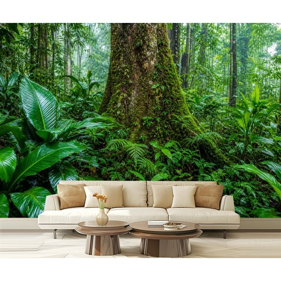 Wall Mural Peel and Stick Rainforest Moss Covered Tree Trunk Green Tropical Foliage Self-Adhesive Wallpaper Removable Wall Decal Wall Sticker Home Decor for Living Room Bedroom 100"x144"