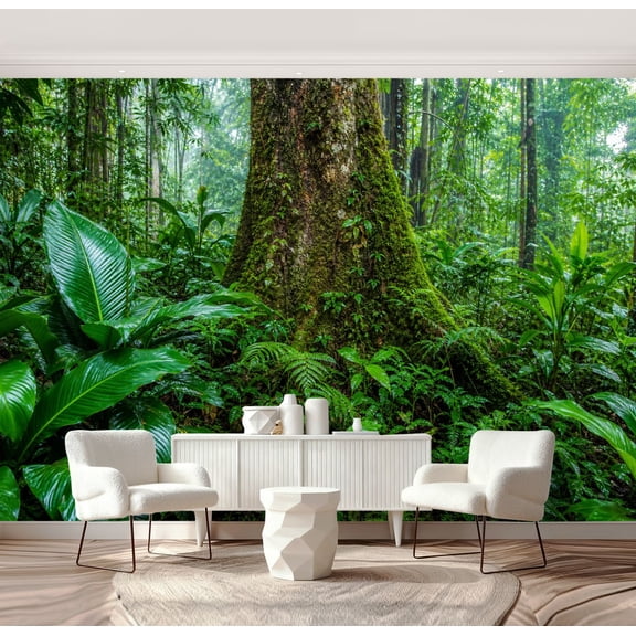 Wall Mural Peel and Stick Rainforest Moss Covered Tree Trunk Green Tropical Foliage Self-Adhesive Wallpaper Removable Wall Decal Wall Sticker Home Decor for Living Room Bedroom 69"x96"