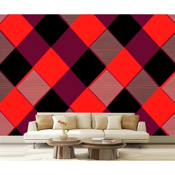 Wall Mural Peel and Stick Red Black Geometric Diamond Striped Accents Self-Adhesive Wallpaper Removable Wall Decal Wall Sticker Home Decor for Living Room Bedroom 100"x144"