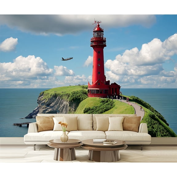 Wall Mural Peel and Stick Red Lighthouse Cliff by Ocean Airplane Blue Sky Self-Adhesive Wallpaper Removable Wall Decal Wall Sticker Home Decor for Living Room Bedroom 100"x144"