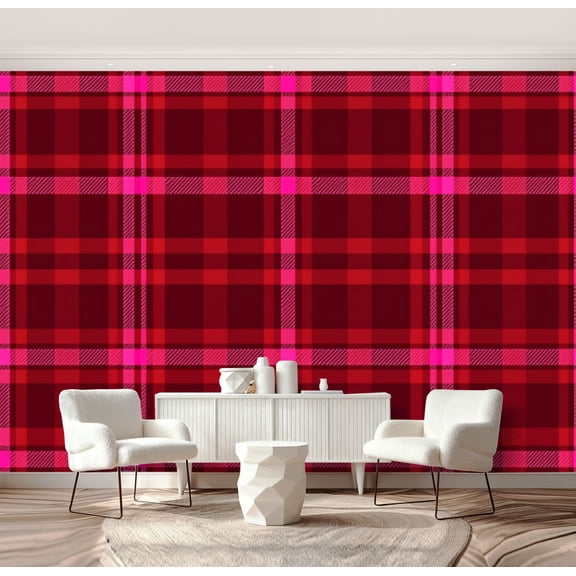 Wall Mural Peel and Stick Red Pink Plaid Tartan Bold Checkered Design Self-Adhesive Wallpaper Removable Wall Decal Wall Sticker Home Decor for Living Room Bedroom 69"x96"