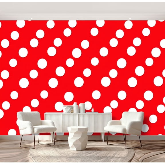 Wall Mural Peel and Stick Red Polka Dot White Circles Self-Adhesive Wallpaper Removable Wall Decal Wall Sticker Home Decor for Living Room Bedroom 69"x96"