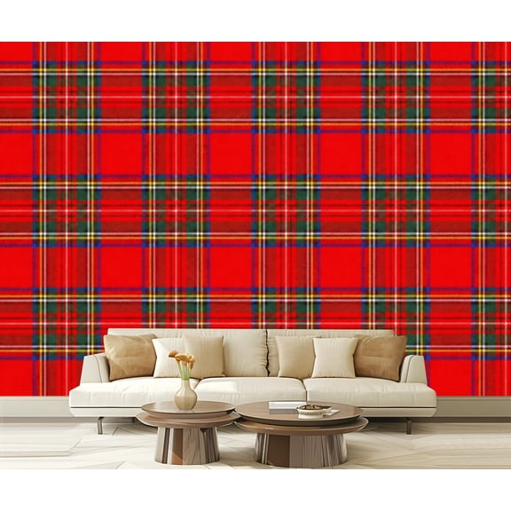 Wall Mural Peel and Stick Red Tartan Plaid Green Navy Yellow White Stripes Classic Scottish Self-Adhesive Wallpaper Removable Wall Decal Wall Sticker Home Decor for Living Room Bedroom 100"x144"