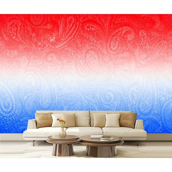 Wall Mural Peel and Stick Red White Blue Paisley Gradient Textile Design Self-Adhesive Wallpaper Removable Wall Decal Wall Sticker Home Decor for Living Room Bedroom 100"x144"
