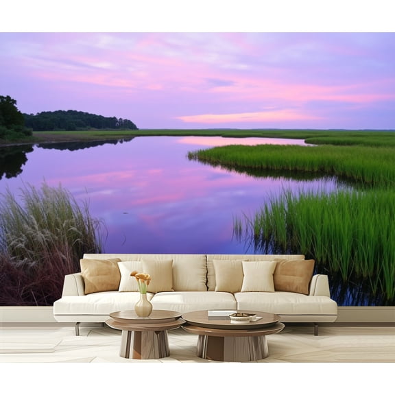 Wall Mural Peel and Stick Reflective South Lowcountry Marsh Scene Sunset Basin Self-Adhesive Wallpaper Removable Wall Decal Wall Sticker Home Decor for Living Room Bedroom 100"x144"