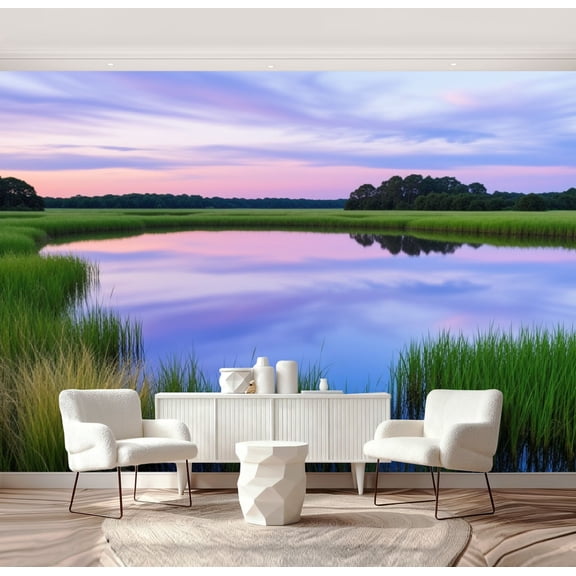 Wall Mural Peel and Stick Reflective South Lowcountry Marsh Scene Sunset Basin Self-Adhesive Wallpaper Removable Wall Decal Wall Sticker Home Decor for Living Room Bedroom 69"x96"