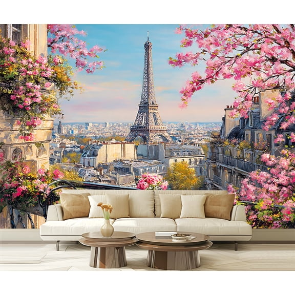 Wall Mural Peel and Stick Romantic Paris Balcony Eiffel Tower Spring Blossoms Cozy Caf Setting Self-Adhesive Wallpaper Removable Wall Decal Wall Sticker Home Decor for Living Room Bedroom 100"x144"