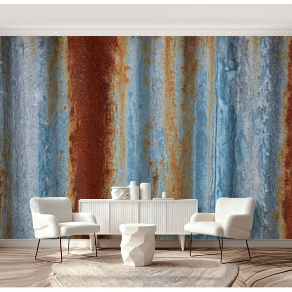 Wall Mural Peel and Stick Rustic Corrugated Metal Weathered Blue Reddish Rust Patterns Self-Adhesive Wallpaper Removable Wall Decal Wall Sticker Home Decor for Living Room Bedroom 69"x96"