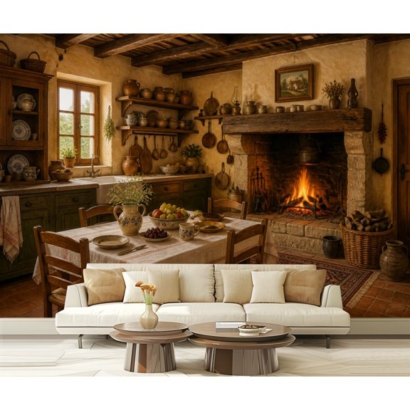 Wall Mural Peel and Stick Rustic Country Kitchen Cozy Fireplace Wooden Furniture Self-Adhesive Wallpaper Removable Wall Decal Wall Sticker Home Decor for Living Room Bedroom 100"x144"