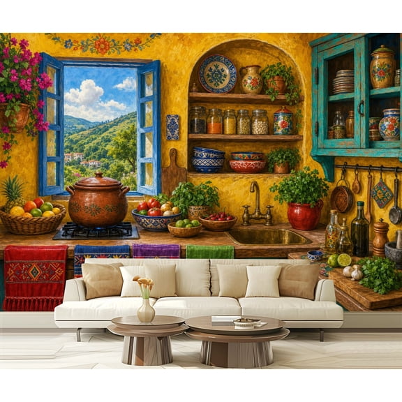 Wall Mural Peel and Stick Rustic Mediterranean Kitchen Colorful Decor Open Window View Hills Self-Adhesive Wallpaper Removable Wall Decal Wall Sticker Home Decor for Living Room Bedroom 100"x144"