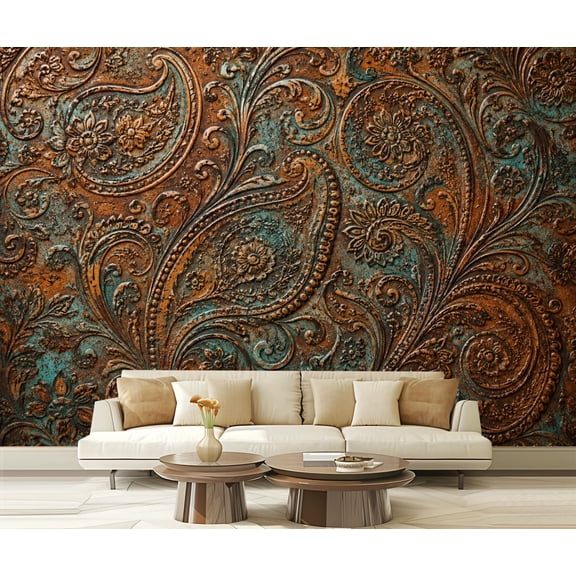 Wall Mural Peel and Stick Rustic Paisley Weathered Metal Teal Brown Self-Adhesive Wallpaper Removable Wall Decal Wall Sticker Home Decor for Living Room Bedroom 100"x144"