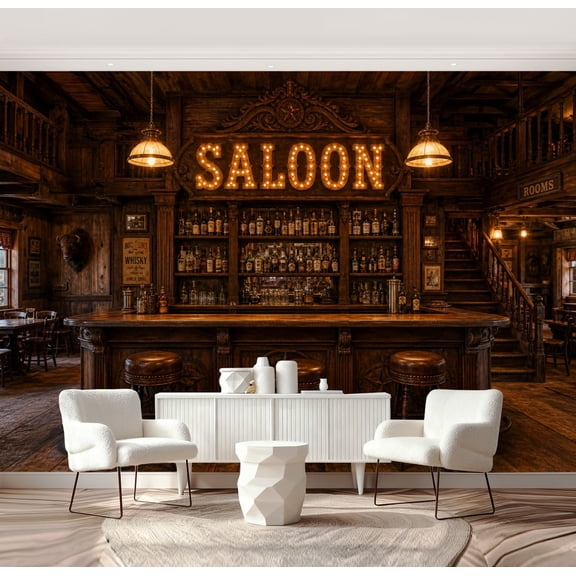Wall Mural Peel and Stick Rustic Western Saloon Bar Illuminated Sign Wooden Interior Self-Adhesive Wallpaper Removable Wall Decal Wall Sticker Home Decor for Living Room Bedroom 69"x96"
