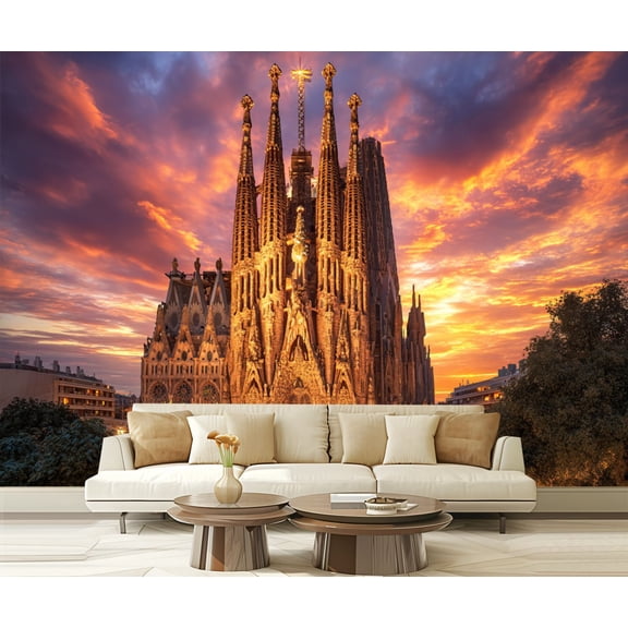 Wall Mural Peel and Stick Sagrada Familia Cathedral Sunset Dramatic Sky Self-Adhesive Wallpaper Removable Wall Decal Wall Sticker Home Decor for Living Room Bedroom 100"x144"