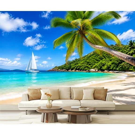 Wall Mural Peel and Stick Sandy beach palm trees sailing boat Self-Adhesive Wallpaper Removable Wall Decal Wall Sticker Home Decor for Living Room Bedroom 100"x144"