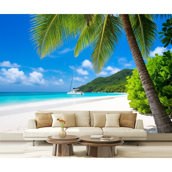 Wall Mural Peel and Stick Sandy beach palm trees sailing boat Self-Adhesive Wallpaper Removable Wall Decal Wall Sticker Home Decor for Living Room Bedroom 100"x144"