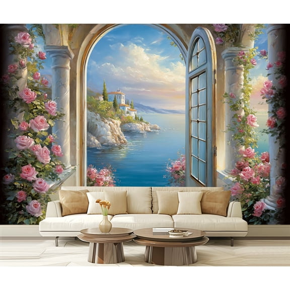 Wall Mural Peel and Stick Scenic View Seaside Villa Blooming Roses Framed by Open Doorway Self-Adhesive Wallpaper Removable Wall Decal Wall Sticker Home Decor for Living Room Bedroom 100"x144"