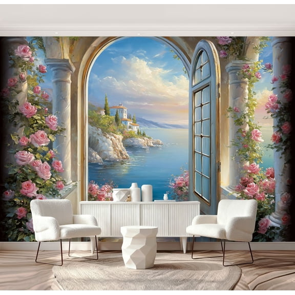 Wall Mural Peel and Stick Scenic View Seaside Villa Blooming Roses Framed by Open Doorway Self-Adhesive Wallpaper Removable Wall Decal Wall Sticker Home Decor for Living Room Bedroom 69"x96"