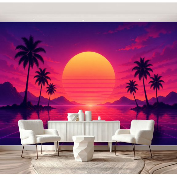 Wall Mural Peel and Stick Sea Sunset 80s Retrowave Vaporwave Self-Adhesive Wallpaper Removable Wall Decal Wall Sticker Home Decor for Living Room Bedroom 69"x96"