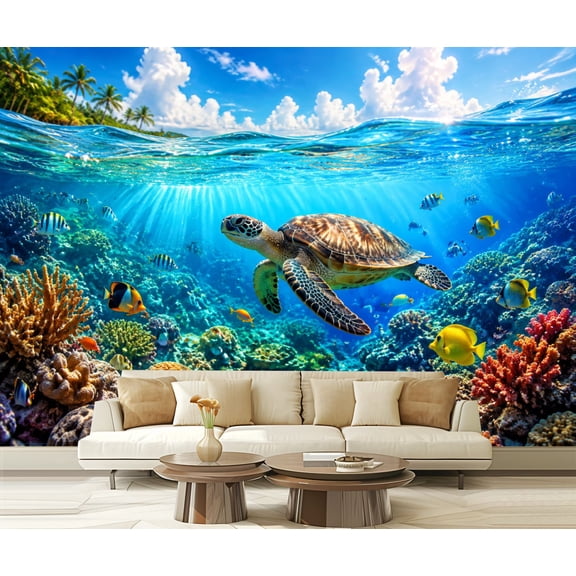 Wall Mural Peel and Stick Sea Turtle Swimming Vibrant Coral Tropical Fish Sunlight Self-Adhesive Wallpaper Removable Wall Decal Wall Sticker Home Decor for Living Room Bedroom 100"x144"