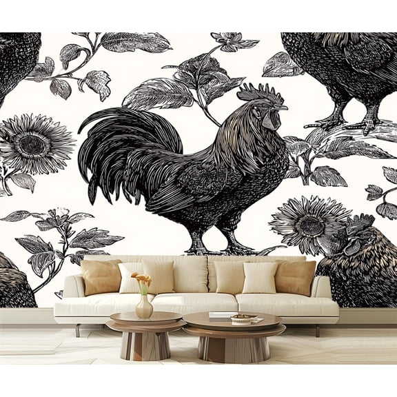 Wall Mural Peel and Stick Seamless Chicken rooster hen sunflowers Decorative Self-Adhesive Wallpaper Removable Wall Decal Wall Sticker Home Decor for Living Room Bedroom 100"x144"