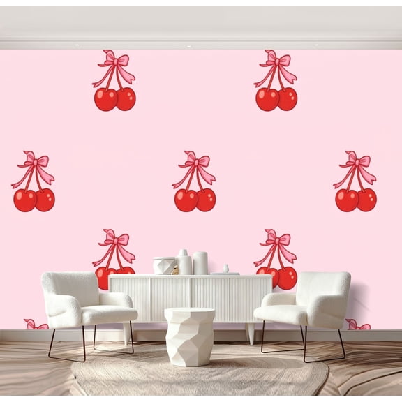Wall Mural Peel and Stick Seamless abstract cherries coquette bows for packaging fabric room Self-Adhesive Wallpaper Removable Wall Decal Wall Sticker Home Decor for Living Room Bedroom 69"x96"