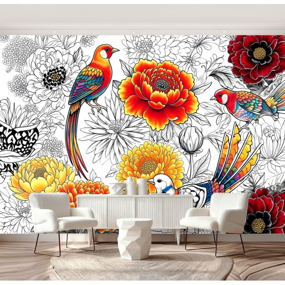 Wall Mural Peel and Stick Seamless asian traditional s Japanese painted flowers peonies Self-Adhesive Wallpaper Removable Wall Decal Wall Sticker Home Decor for Living Room Bedroom 69"x96"