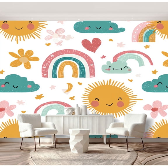 Wall Mural Peel and Stick Seamless childish rainbows sun moon Scandi Self-Adhesive Wallpaper Removable Wall Decal Wall Sticker Home Decor for Living Room Bedroom 69"x96"