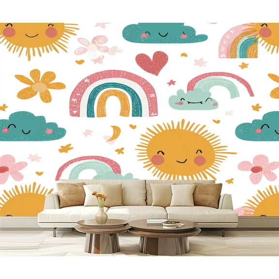 Wall Mural Peel and Stick Seamless childish rainbows sun moon Scandi Self-Adhesive Wallpaper Removable Wall Decal Wall Sticker Home Decor for Living Room Bedroom 100"x144"