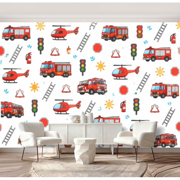Wall Mural Peel and Stick Seamless fire trucks helicopter airplane for fabrics textiles Self-Adhesive Wallpaper Removable Wall Decal Wall Sticker Home Decor for Living Room Bedroom 69"x96"