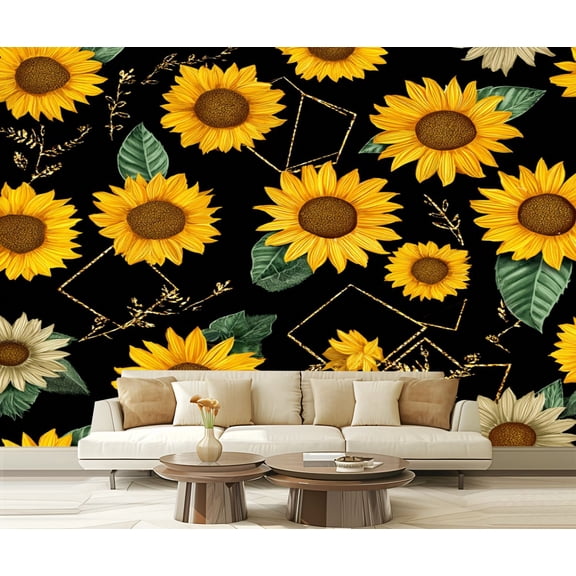 Wall Mural Peel and Stick Seamless golden polygonal shapes sunflowers Self-Adhesive Wallpaper Removable Wall Decal Wall Sticker Home Decor for Living Room Bedroom 100"x144"