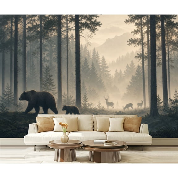 Wall Mural Peel and Stick Seamless horizontal Mother bear little bear is walking forest birds Self-Adhesive Wallpaper Removable Wall Decal Wall Sticker Home Decor for Living Room Bedroom 100"x144"