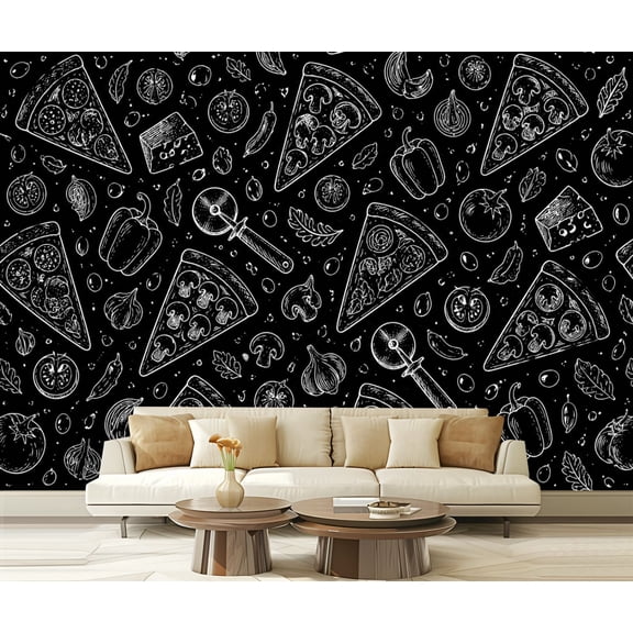 Wall Mural Peel and Stick Seamless italian pizza black vintage pizza collection Self-Adhesive Wallpaper Removable Wall Decal Wall Sticker Home Decor for Living Room Bedroom 100"x144"
