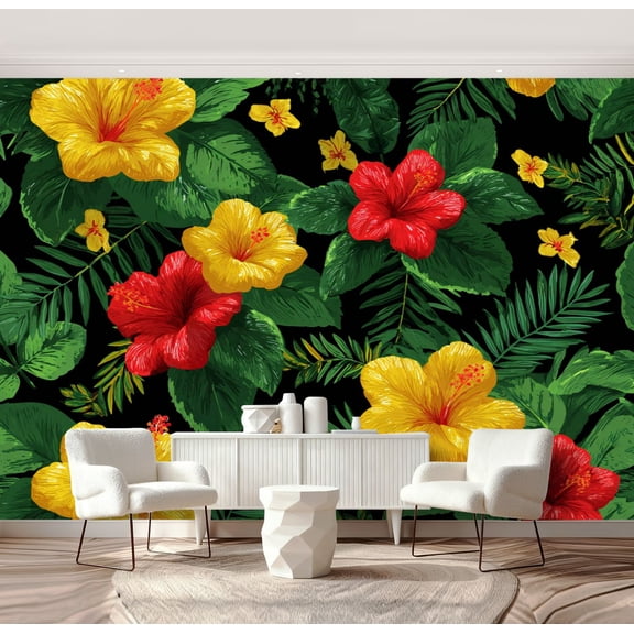 Wall Mural Peel and Stick Seamless tropical flower plant leaf retro Self-Adhesive Wallpaper Removable Wall Decal Wall Sticker Home Decor for Living Room Bedroom 69"x96"