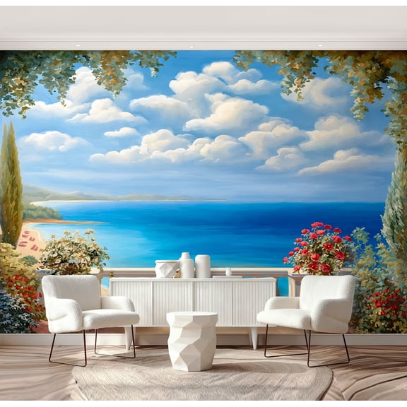 Wall Mural Peel and Stick Seaside Balcony Overlooking Calm Blue Ocean Flowering Pots Greenery Self-Adhesive Wallpaper Removable Wall Decal Wall Sticker Home Decor for Living Room Bedroom 69"x96"